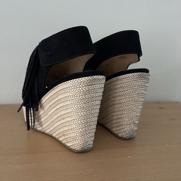 Report Boho Wedge Sandals Womens 9 Utility Espadrilles Black Suede Fringe Shoes - Picture 7 of 12